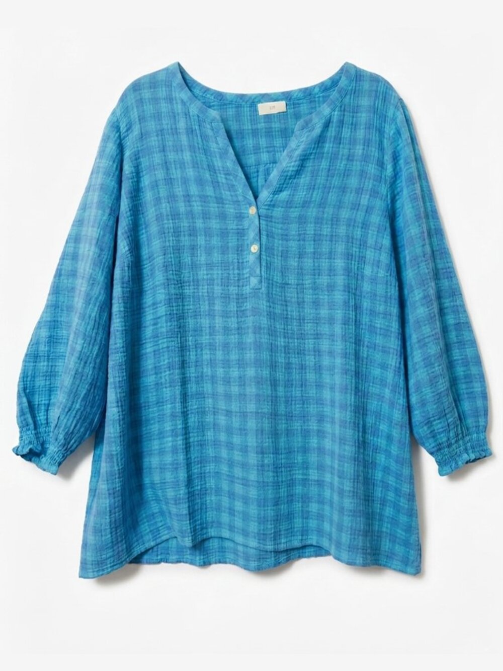 J. Jill Blue Plaid Double Gauze Cotton Henley Blouse Tunic XL